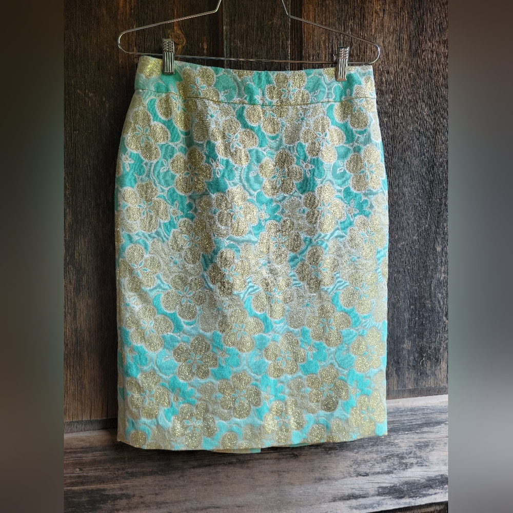 Banana Republic Pencil Skirt Retro Aqua / Gold Floral Brocade Pattern Size 4